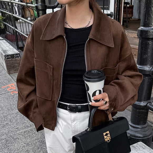 Vintage Style Loose Jacket for Women, Brown Suede Coat,Women's Clothing