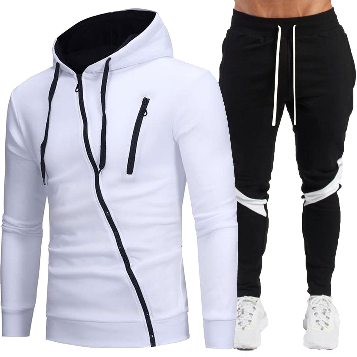 Men's Casual Diagonal Zipper Hooded Jacket and Long Pants Two-Piece Set