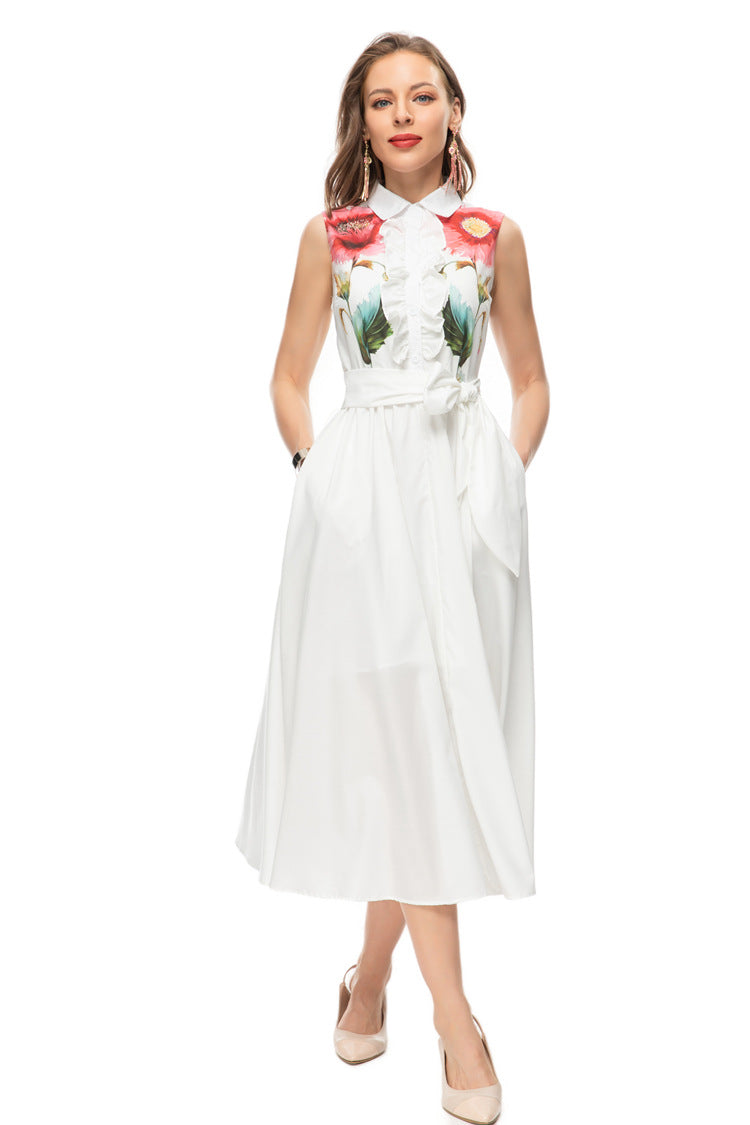 Splcied Pocket Dresses For Women Lapel Sleeveless High Waist Folds Hit Color Dress Female Fashion Clothing