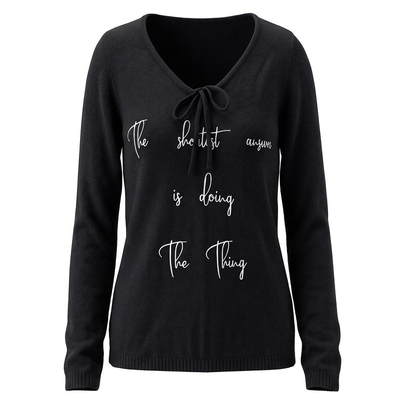 V-neck tied knit long sleeved top for women's sweaters