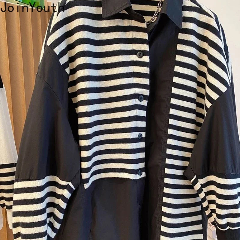 Women Clothing Patchwork Fake Two Sweatshirts Contrast Color Striped Casual Y2k Tops Fashion Korean Oversized Hoodies