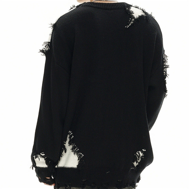 Cat whisker tassel torn hole spliced contrasting sweater