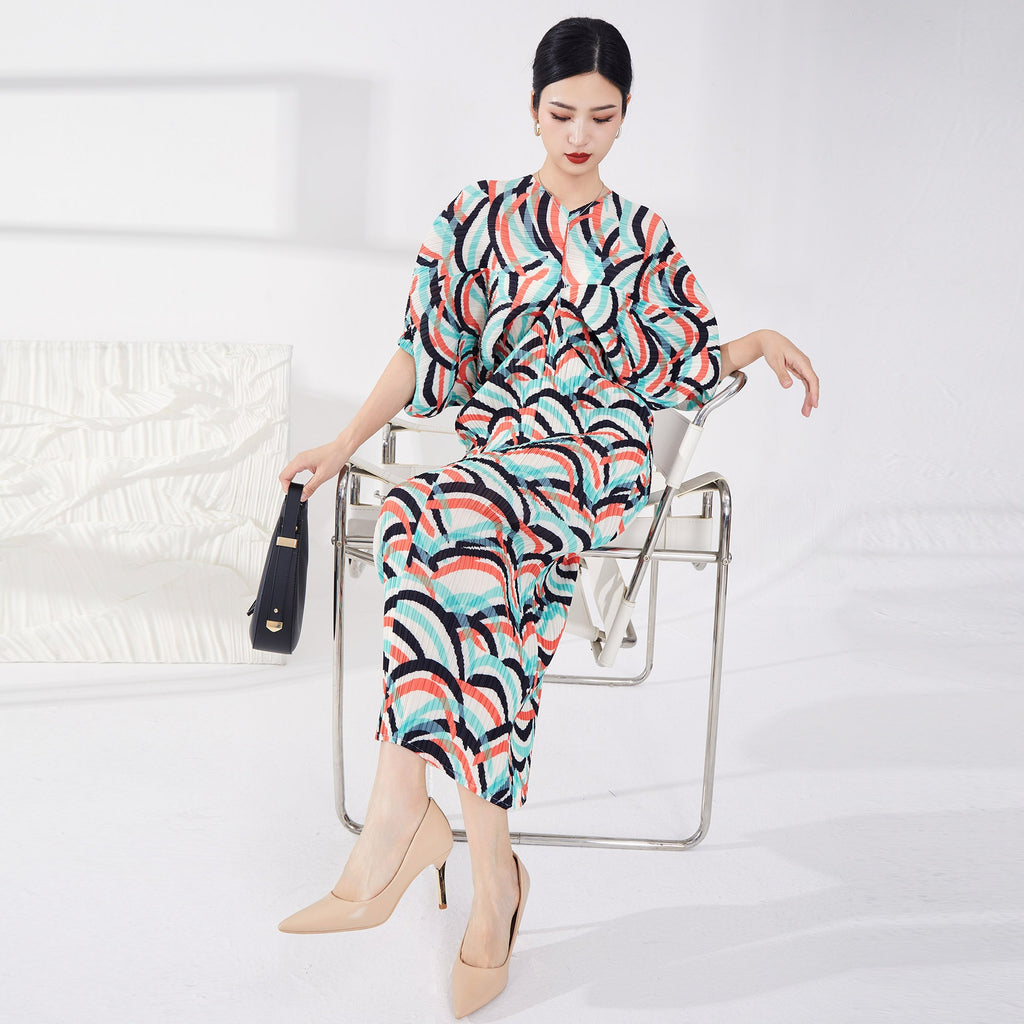 Contrast Color Pleatd Dress Print V Neck Batwing Sleeve Evening Dresses For Women Spring New Elegant Clothing