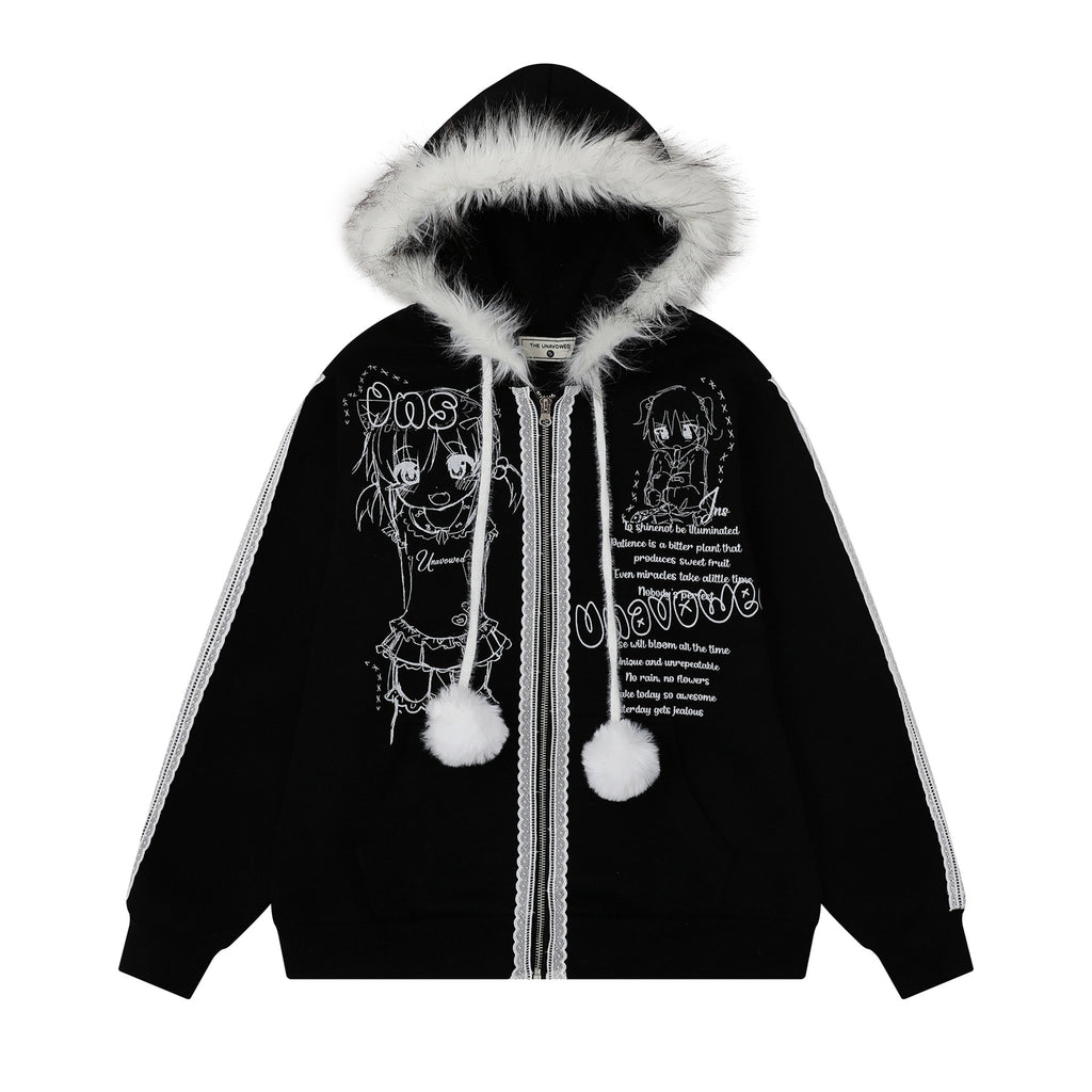 Woolen ball drawstring hooded sweatshirt