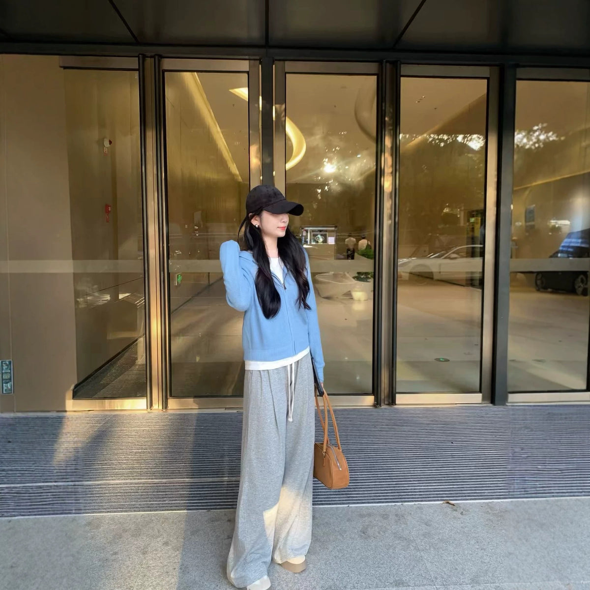 minimalist hooded blue waffle knit cardigan sweater for women