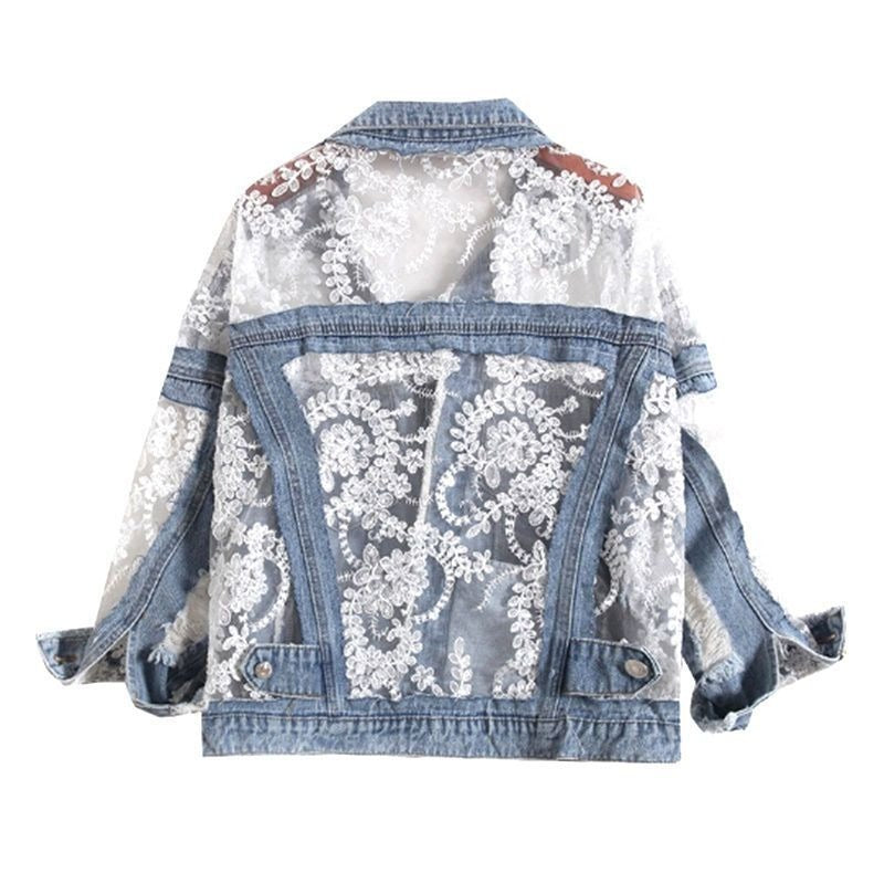 Lace mesh embroidered denim patchwork sun protection clothing for women