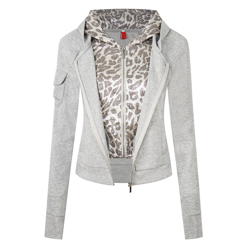 Fake two leopard print hooded slim fit short jackets