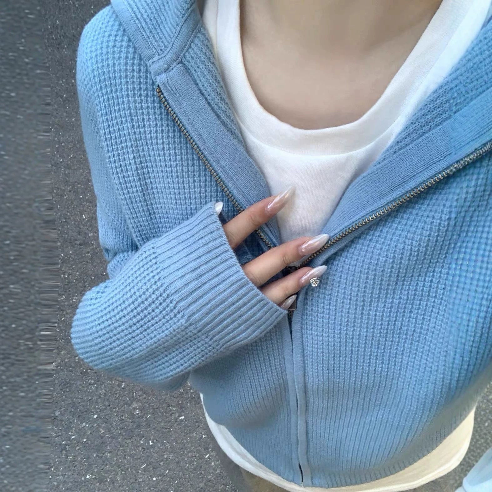 minimalist hooded blue waffle knit cardigan sweater for women