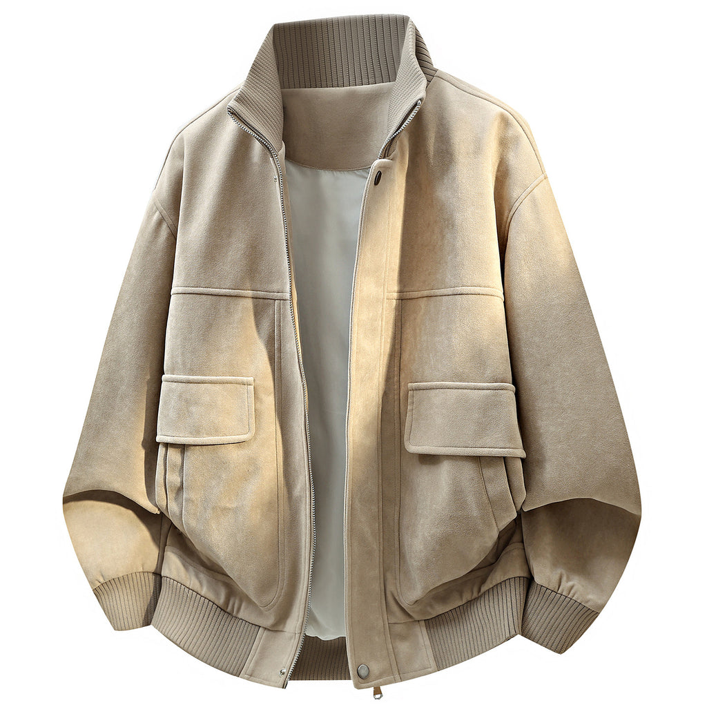Vintage Fuzzy Fabric Stand Collar Loose Fit Men's Workwear Jacket