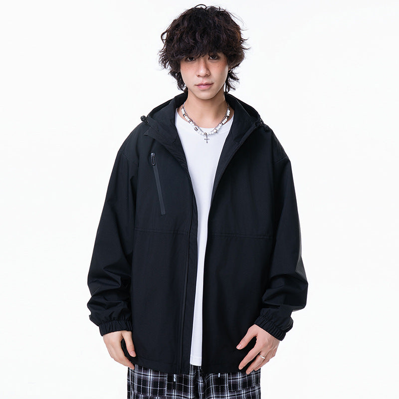 Outdoor Windproof Hooded Jacket, Solid Color Single-Layer Workwear Outerwear for Hiking