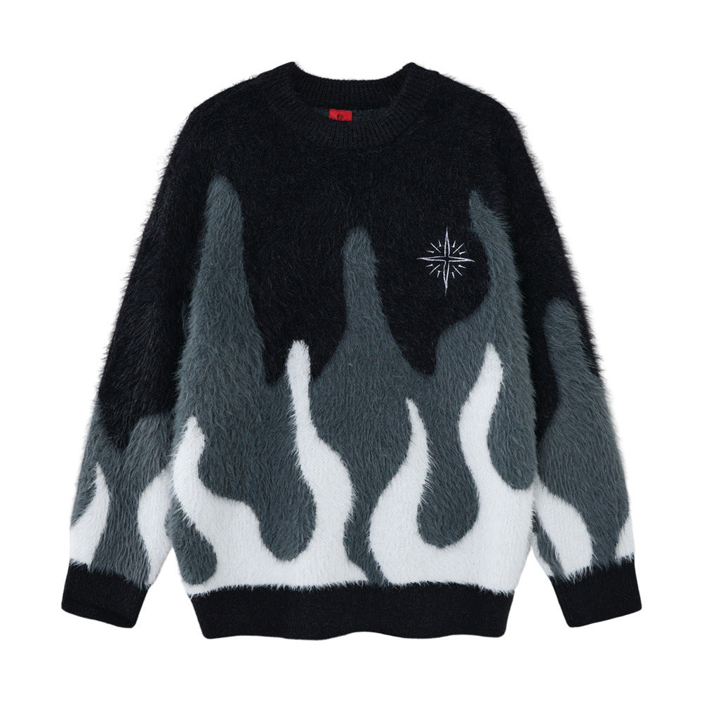 Color blocking patchwork faux mink fur round neck sweater