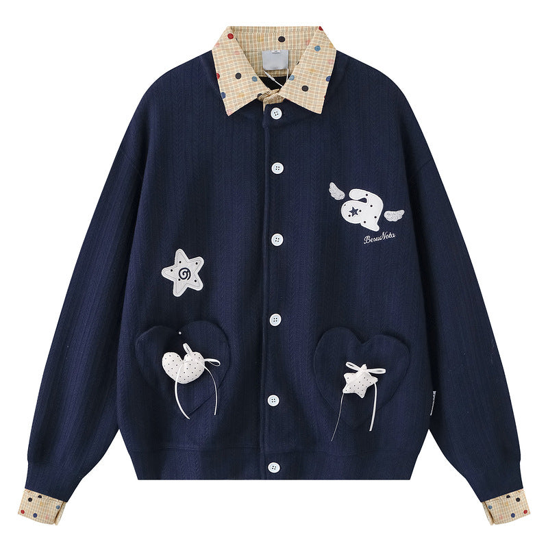 Spliced shirt collar knitted sweatshirt jacket
