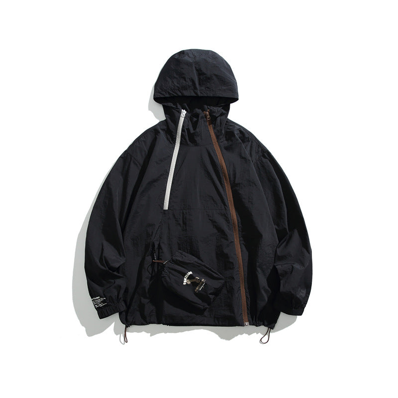 Slant zipper large pocket hooded sun protection clothing for men and women