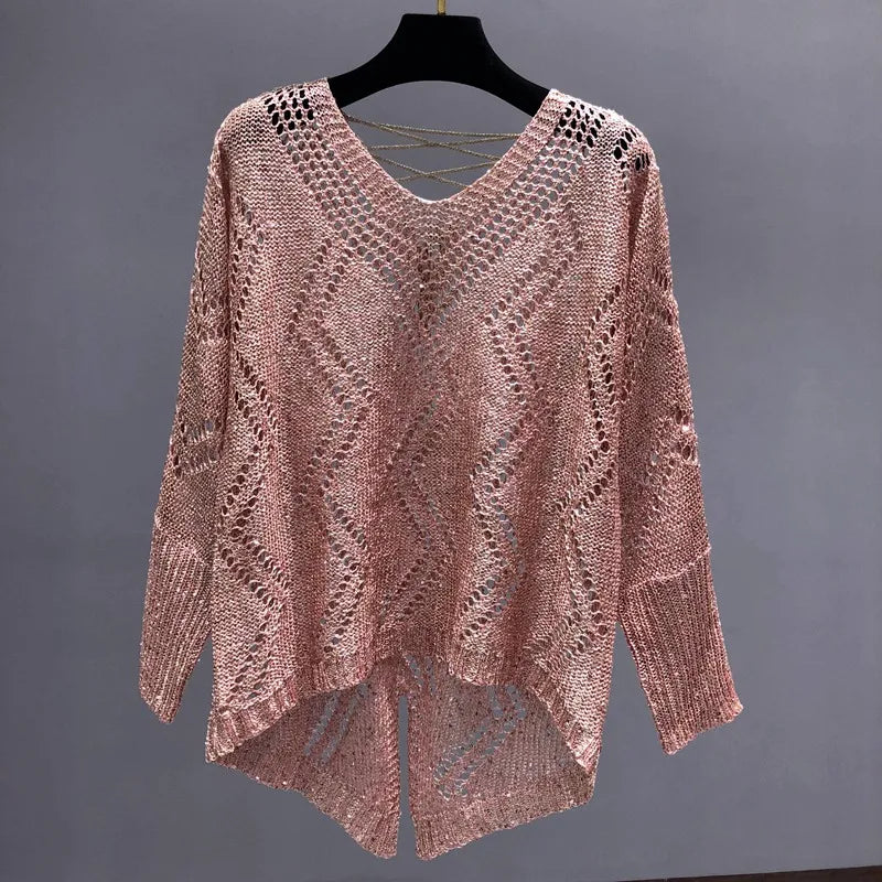 Women Clothing Shiny Easing Is Hollow-out Sweater Lazy Oaf   Fall Fashion Women  Sweters for Women  Off The Shoulder Sweater