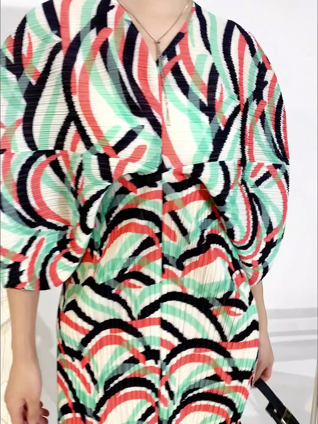 Contrast Color Pleatd Dress Print V Neck Batwing Sleeve Evening Dresses For Women Spring New Elegant Clothing