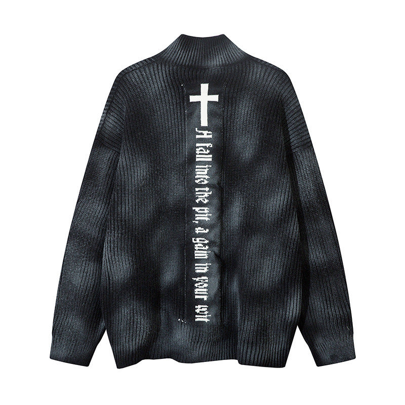 Tie dye used dirty stand up collar cardigan sweater