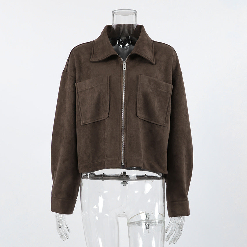 Vintage Style Loose Jacket for Women, Brown Suede Coat,Women's Clothing