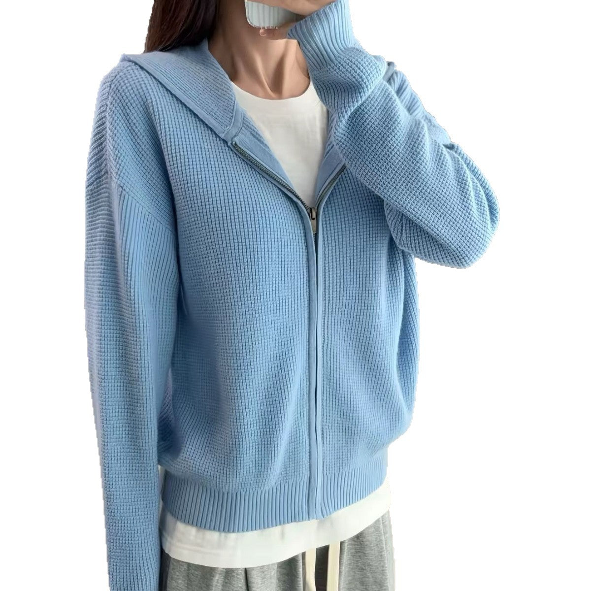 minimalist hooded blue waffle knit cardigan sweater for women
