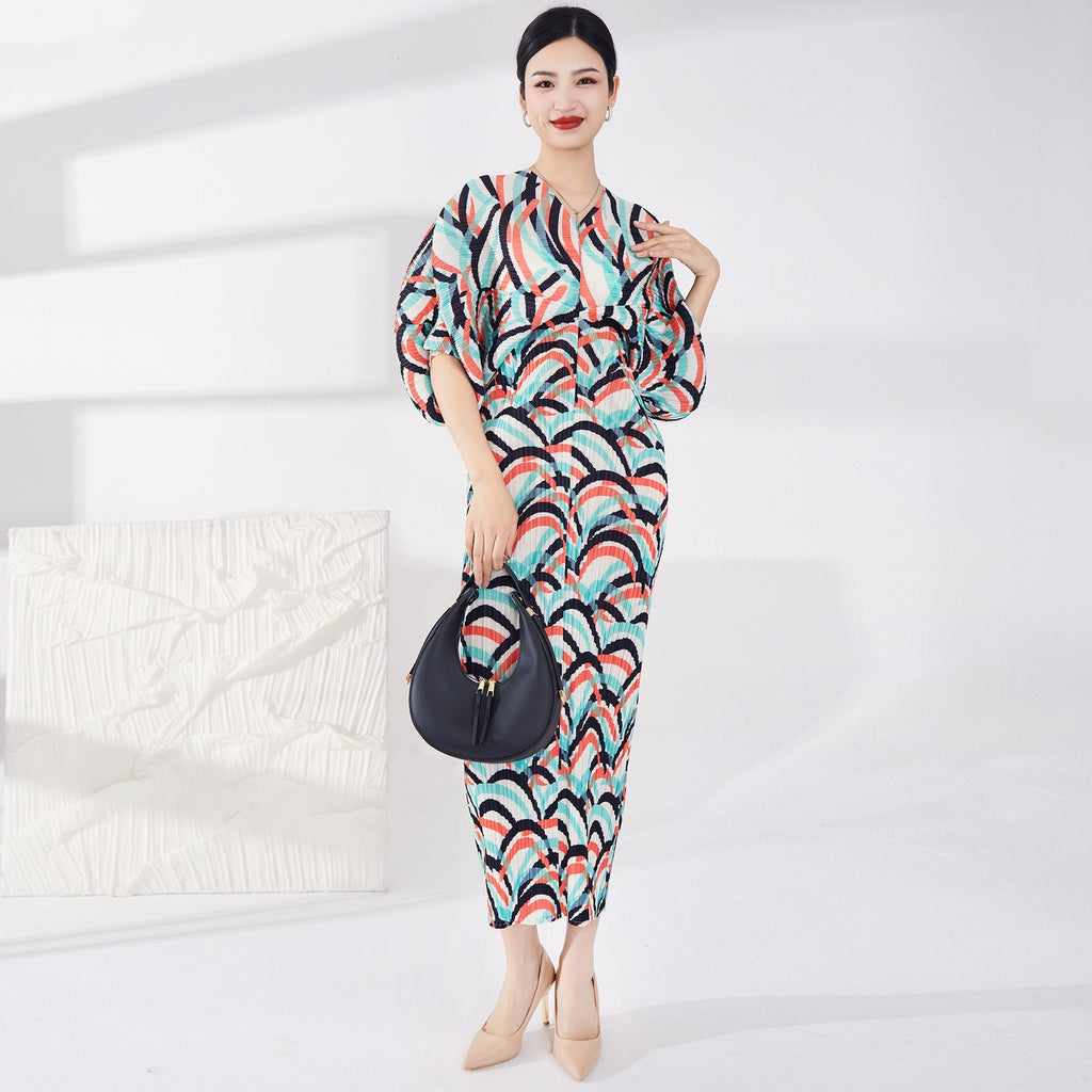 Contrast Color Pleatd Dress Print V Neck Batwing Sleeve Evening Dresses For Women Spring New Elegant Clothing