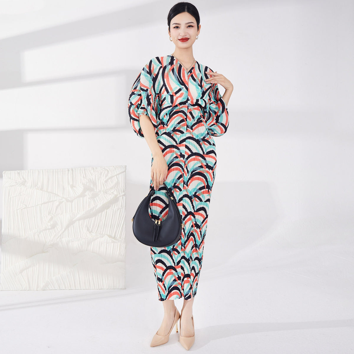 Contrast Color Pleatd Dress Print V Neck Batwing Sleeve Evening Dresses For Women Spring New Elegant Clothing