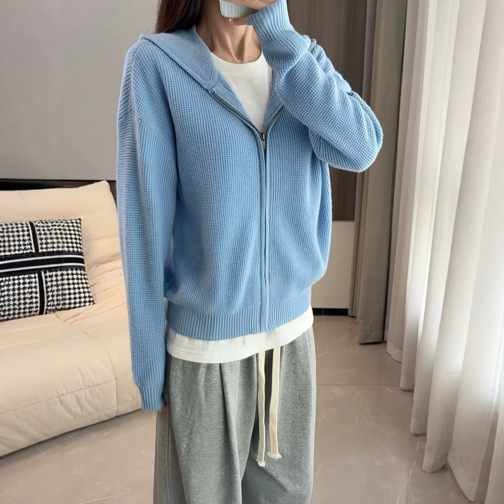 minimalist hooded blue waffle knit cardigan sweater for women