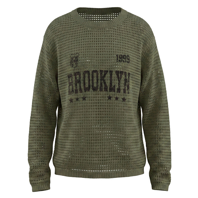 Hollow knit round neck sweater with retro letters