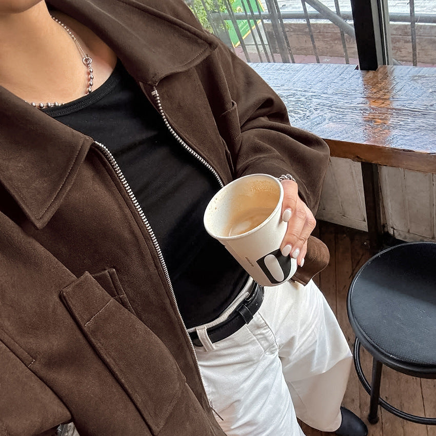 Vintage Style Loose Jacket for Women, Brown Suede Coat,Women's Clothing