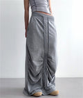 High Waist Casua Lace-up Shirring Design Skirts Gray Black Long Skirt Fashion Women Clothing