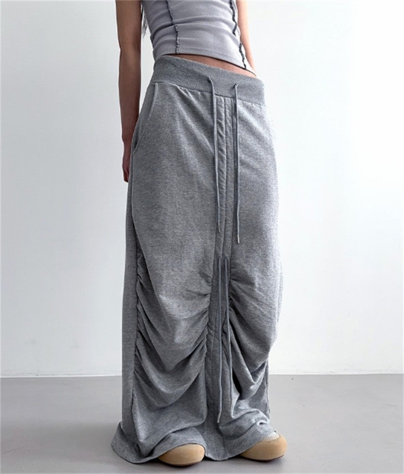 High Waist Casua Lace-up Shirring Design Skirts Gray Black Long Skirt Fashion Women Clothing