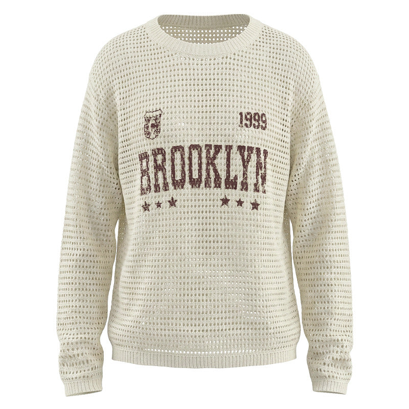 Hollow knit round neck sweater with retro letters