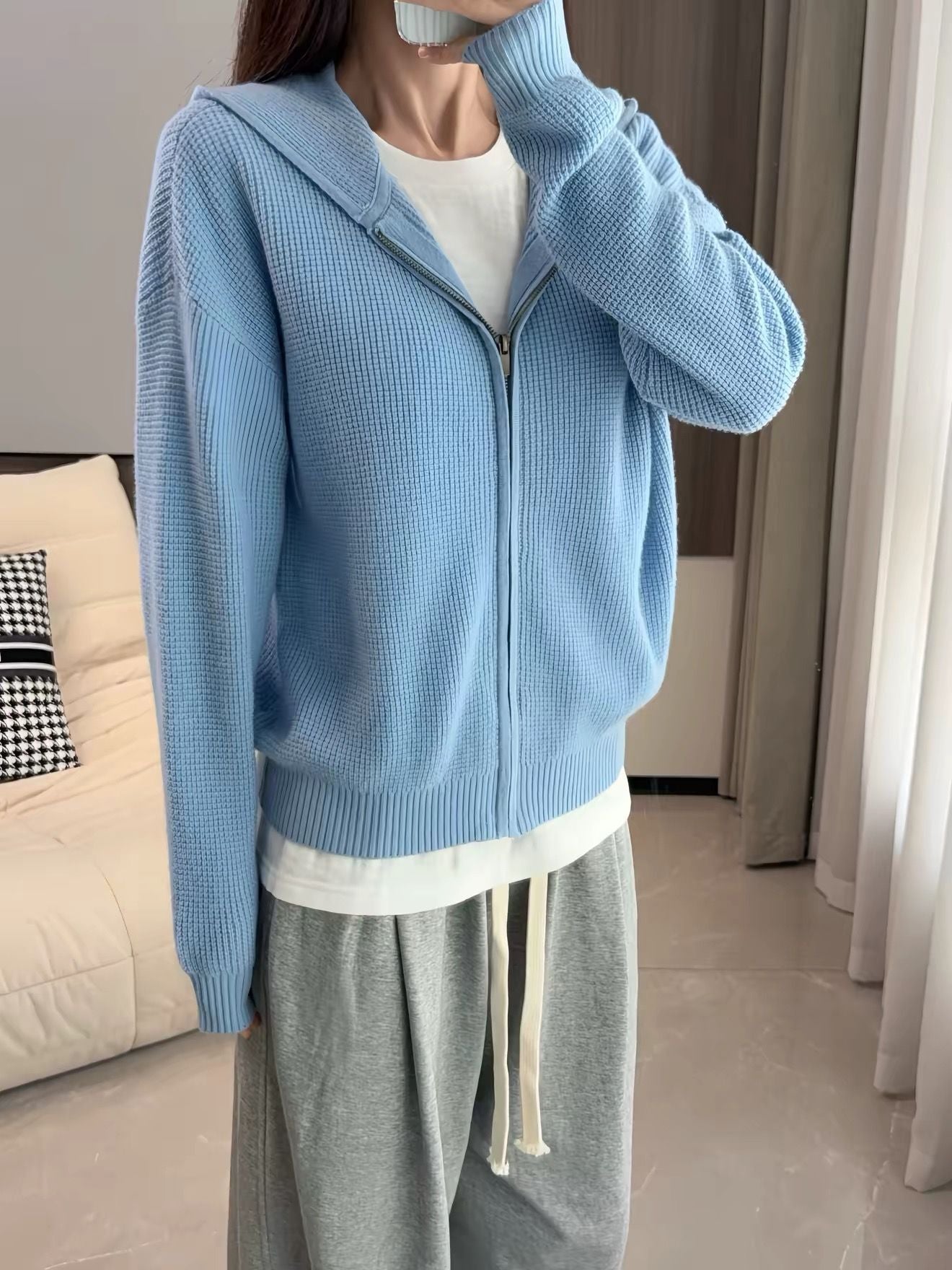 minimalist hooded blue waffle knit cardigan sweater for women