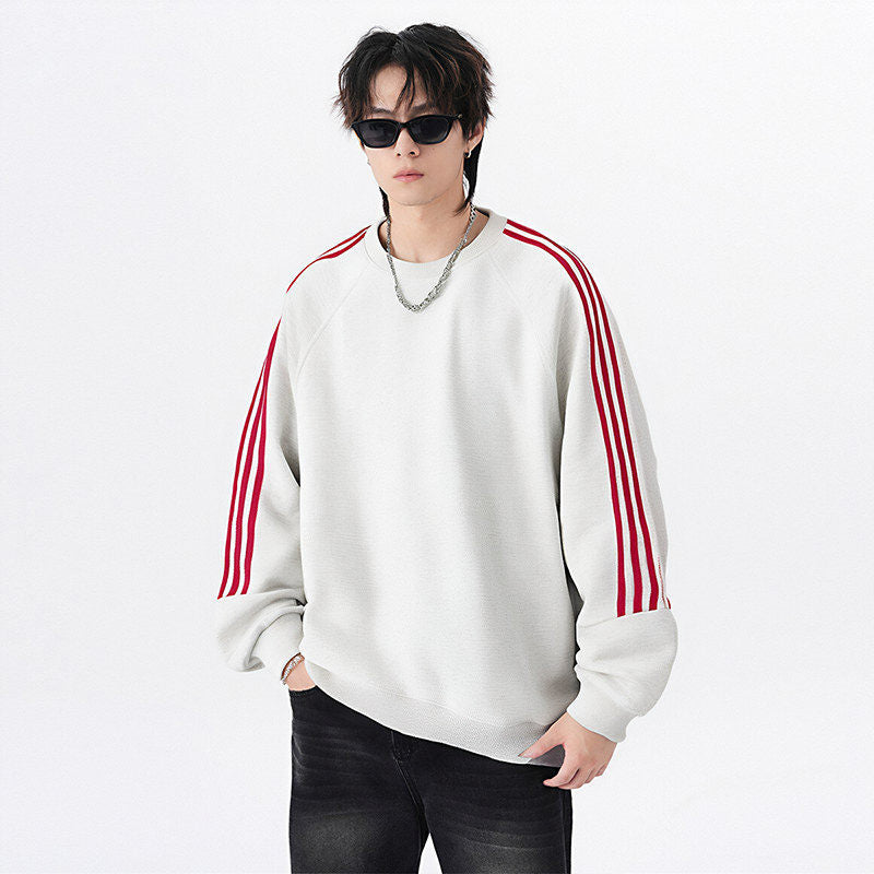 Retro Trendy Brand Stripe Crewneck Hoodie Unisex Loose Fit Long Sleeve Top