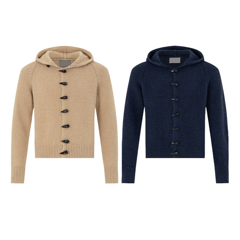 Knitted jacket with hat single row cow horn button short cardigan sweater