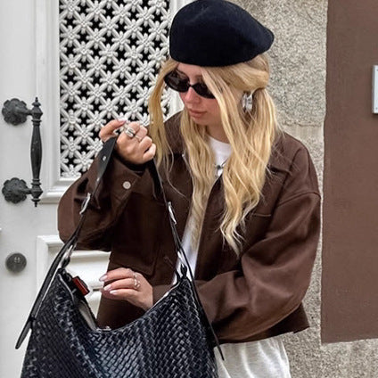 Vintage Style Loose Jacket for Women, Brown Suede Coat,Women's Clothing