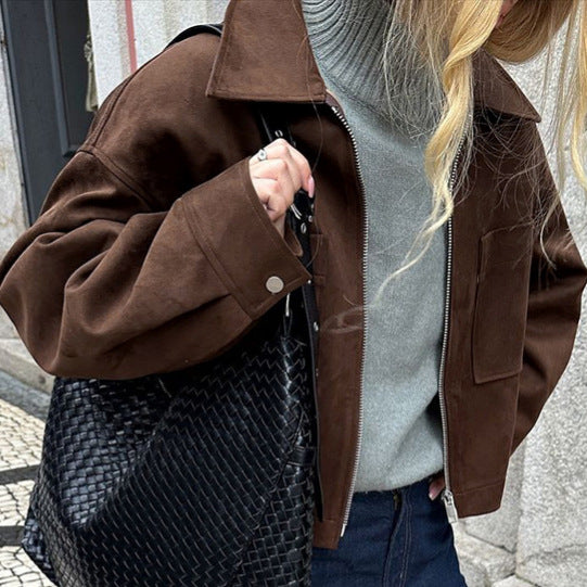 Vintage Style Loose Jacket for Women, Brown Suede Coat,Women's Clothing