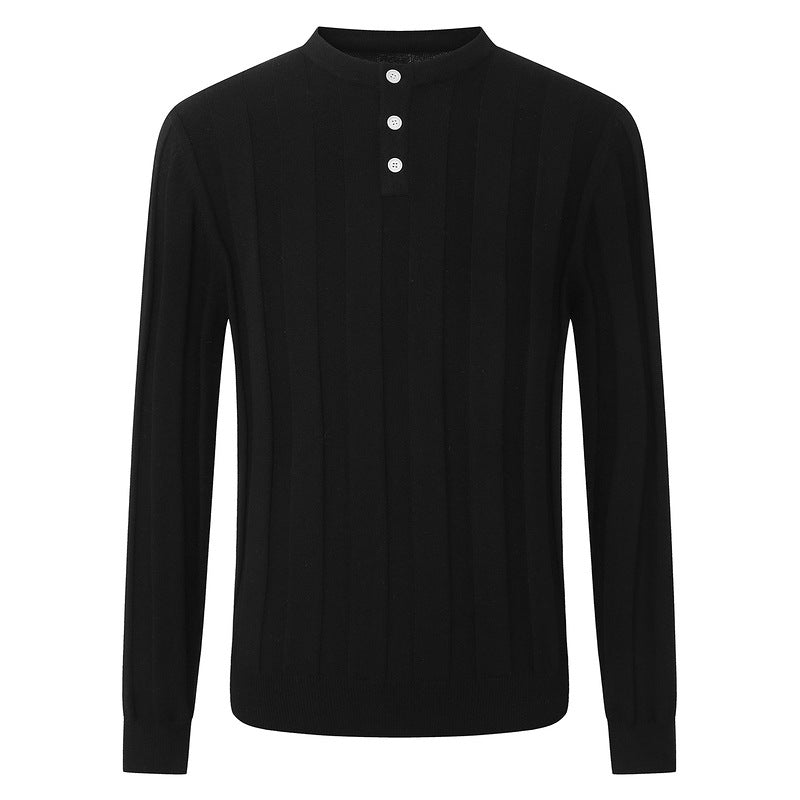 Simple Henley collar vertical pit stripe oat knit sweater