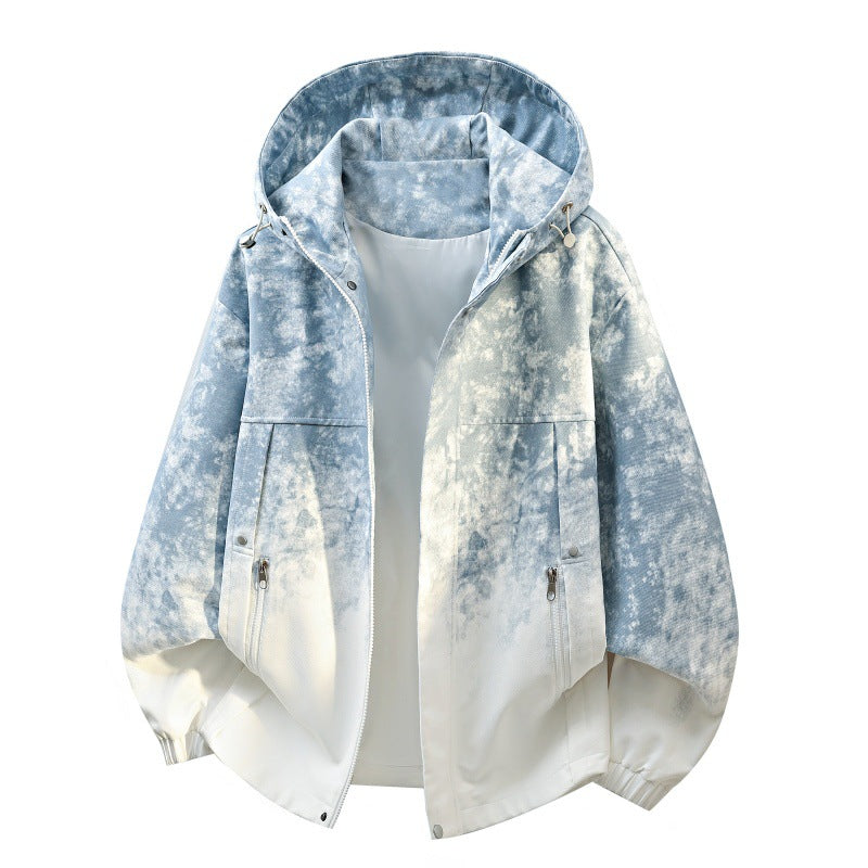 Vintage Denim Zipper Stand Collar Loose Fit Jacket for Men
