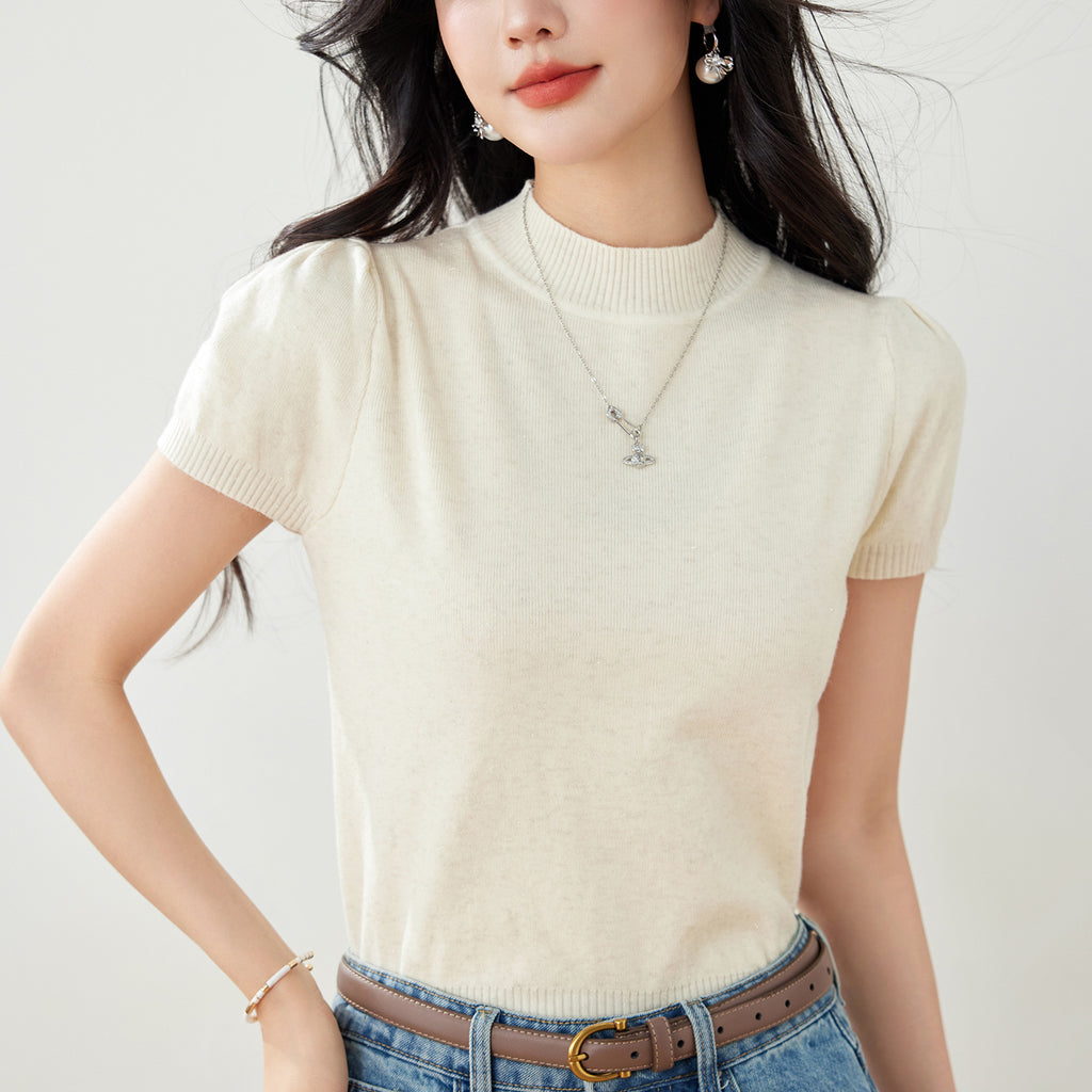 Clothing  Solid Color Short Sleeve Round Neck Knit Top for Women