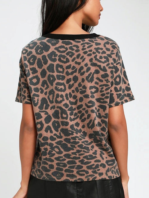 Aachoae Summer Women Leopard T Shirt O Neck Fashion Female Tshirt Short Sleeve Loose Home Ladies Tee Tops Mujer Camisetas S-XL