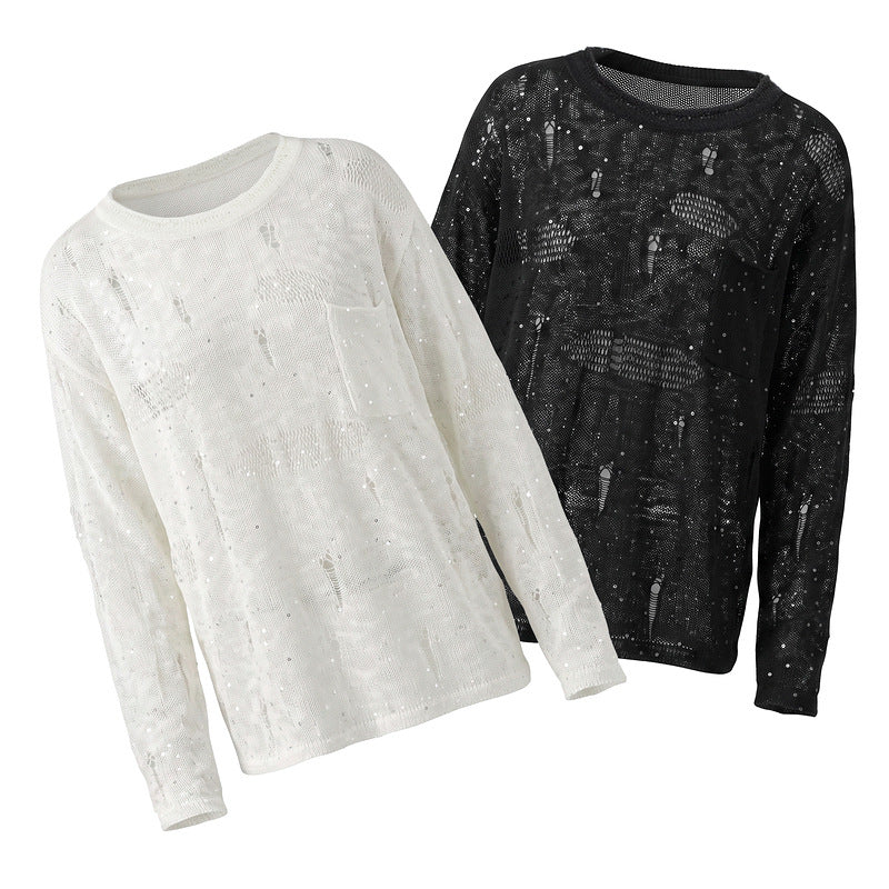 Broken hole hollow sequin knit sweater round neck sweater