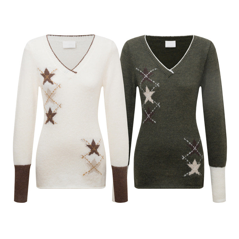 V-neck star jacquard knitted sweater with contrasting color pullover sweater