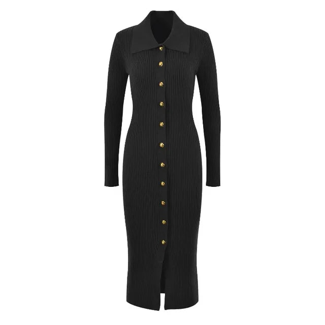 Sweater Dress Women  Luxury Single Breasted Long Sleeve Knitted Dresses Autumn Winter Clothing