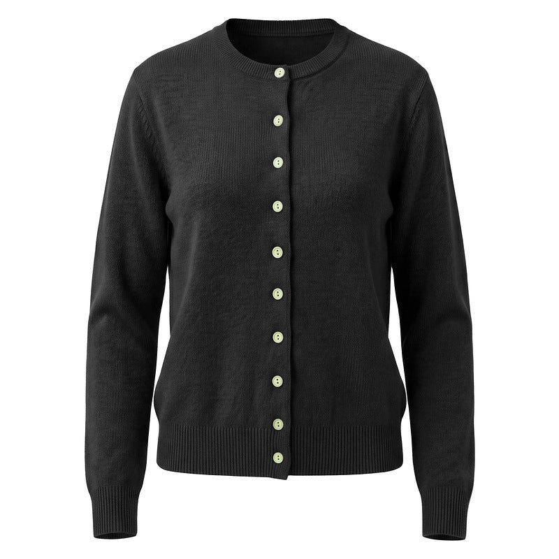 Round neck knitted cardigan light wood color single breasted long sleeved sweater