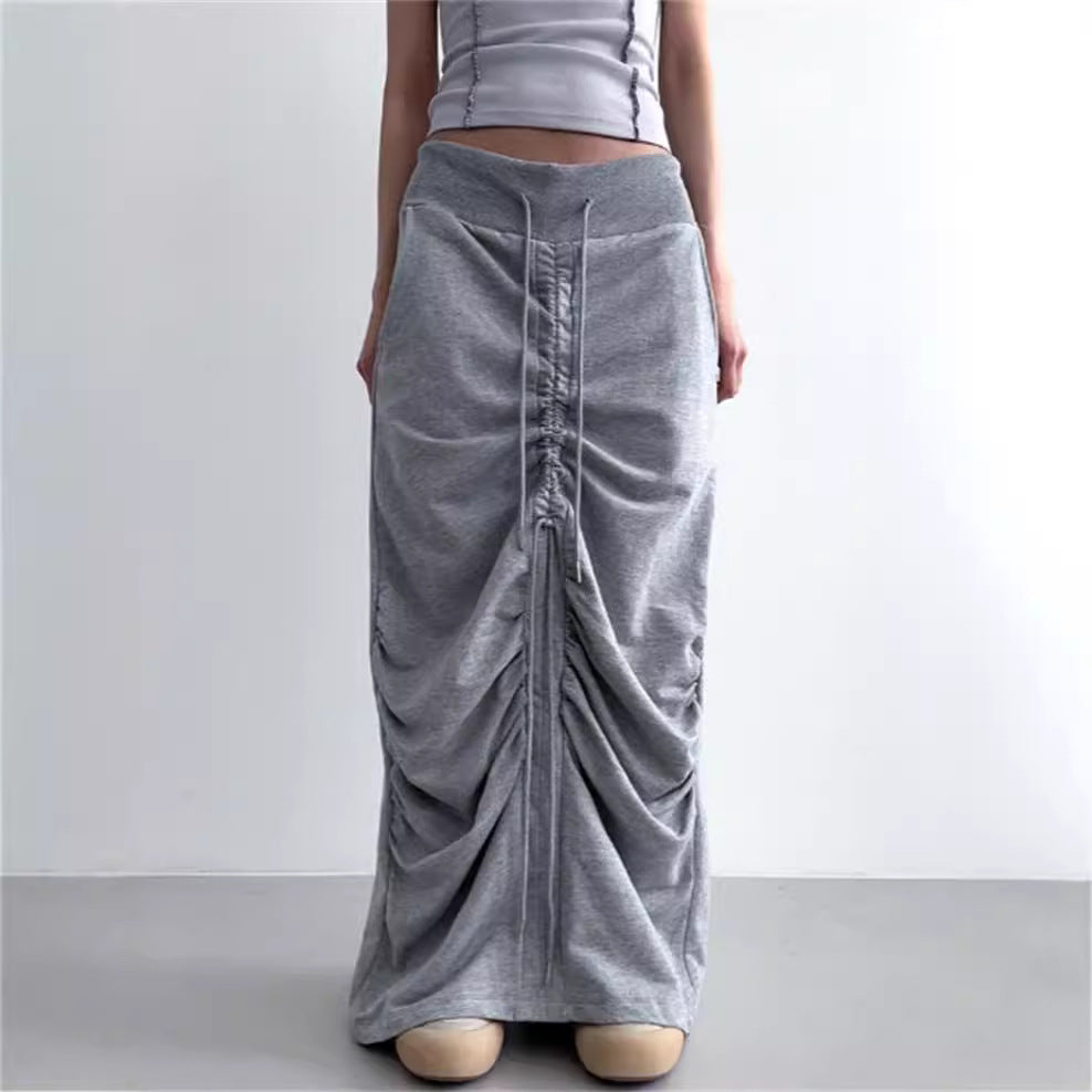 High Waist Casua Lace-up Shirring Design Skirts Gray Black Long Skirt Fashion Women Clothing