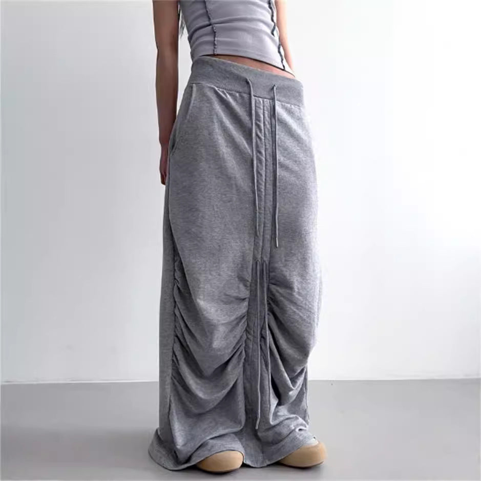 High Waist Casua Lace-up Shirring Design Skirts Gray Black Long Skirt Fashion Women Clothing