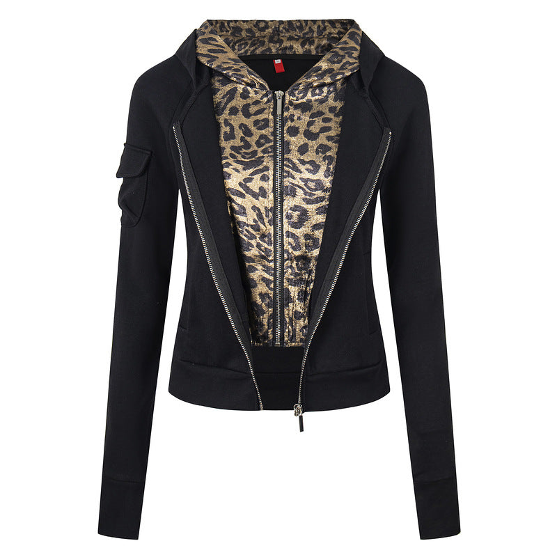 Fake two leopard print hooded slim fit short jackets