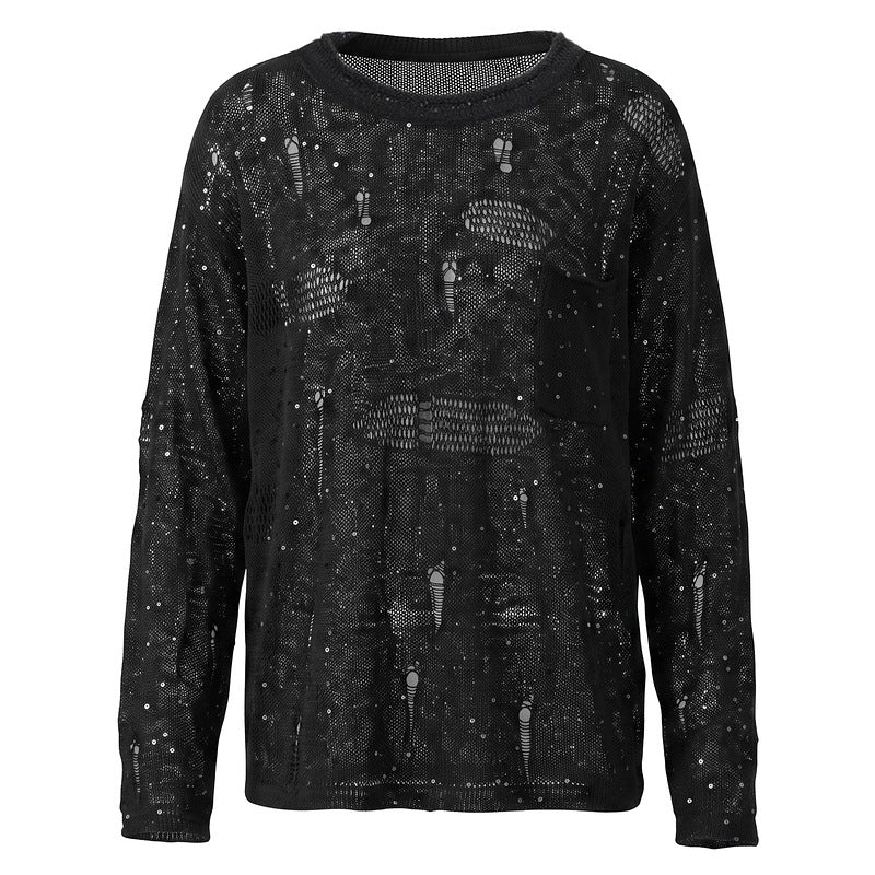 Broken hole hollow sequin knit sweater round neck sweater
