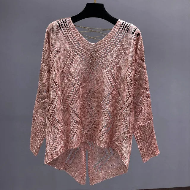 Women Clothing Shiny Easing Is Hollow-out Sweater Lazy Oaf   Fall Fashion Women  Sweters for Women  Off The Shoulder Sweater