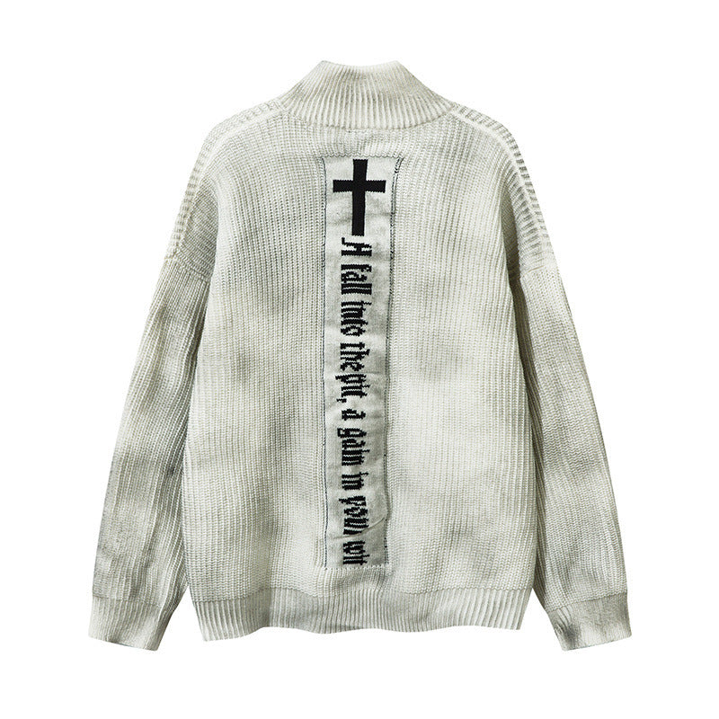 Tie dye used dirty stand up collar cardigan sweater