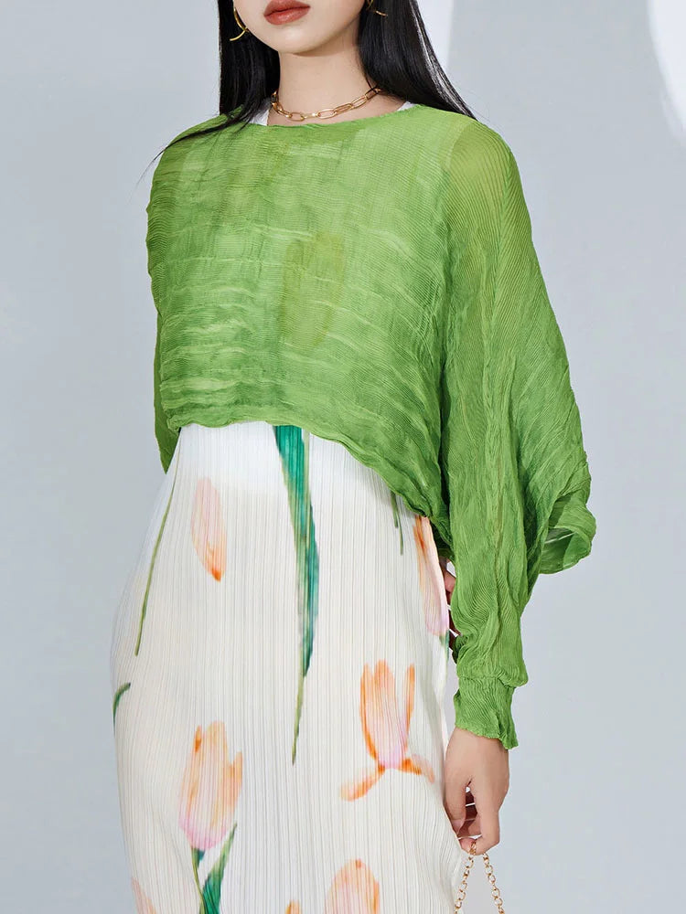 Pleated Long Sleeve Blouse For Women Round Collar Solid Color  Summer Elegant Female Casual Breathable Clothing